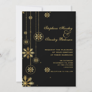 Gold snowflakes black winter wedding invitation