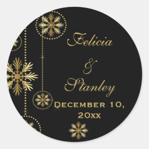 Gold snowflakes black winter wedding Save the Date Classic Round Sticker