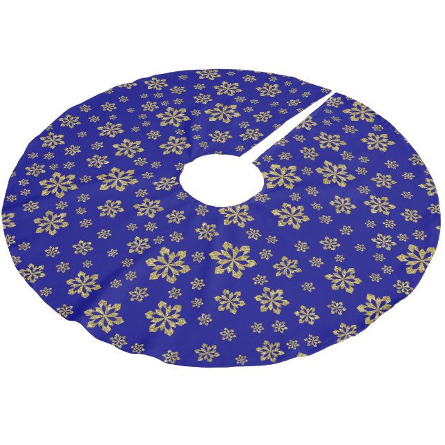 Gold Snowflakes Blue Brushed Polyester Tree Skirt (Angled)