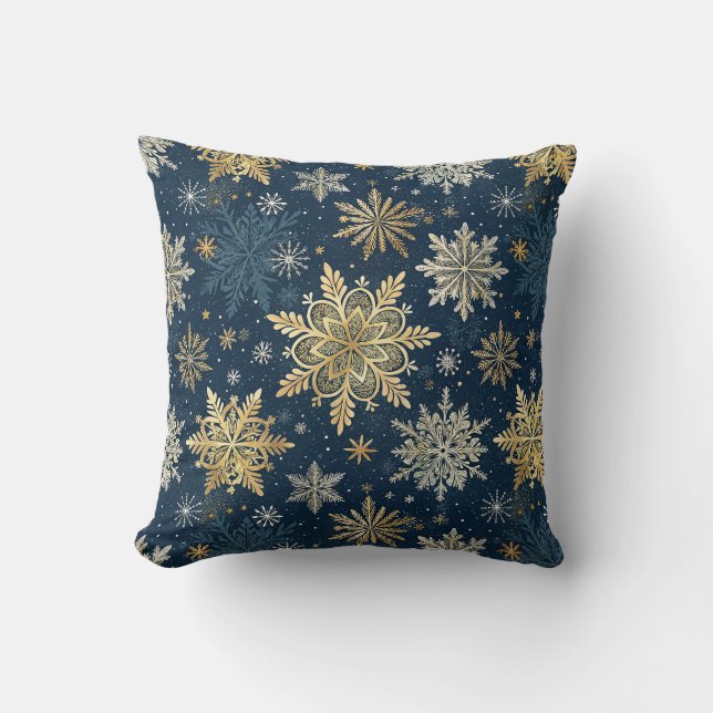 Gold Snowflakes Blue Winter Christmas  Throw Pillow (Front)