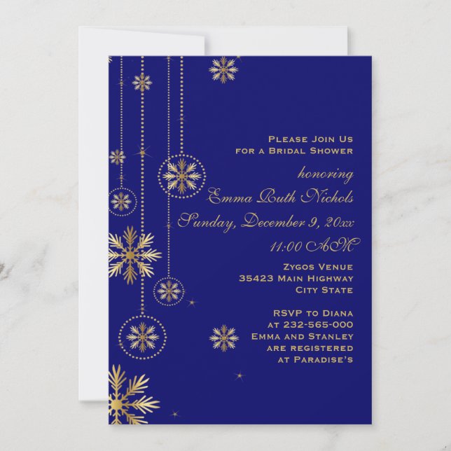 Gold snowflakes blue winter wedding bridal shower invitation (Front)