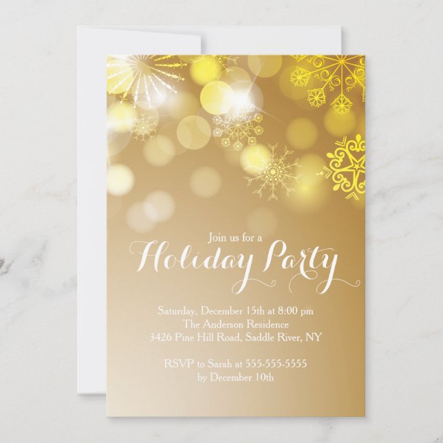 Gold Snowflakes Bokeh Holiday Party Invitation (Front)