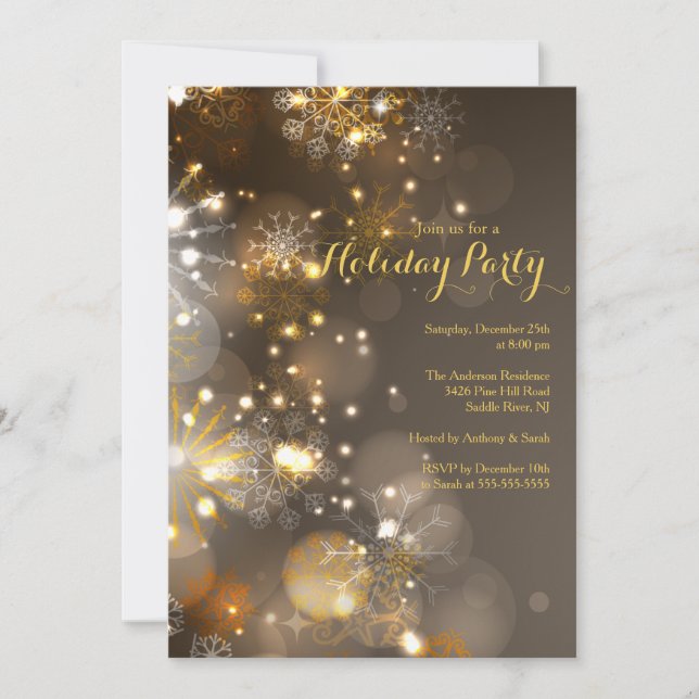 Gold Snowflakes & Bokeh Lights Holiday Invitation (Front)