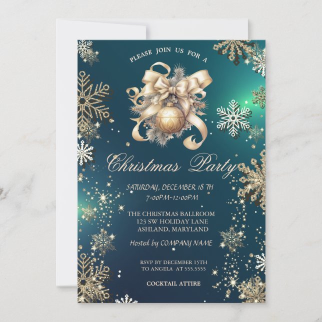 Gold Snowflakes, Christmas Ball Bow Green Company  Invitation (Front)