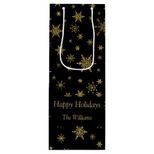 Gold Snowflakes Christmas Black Personalized  Wine Gift Bag