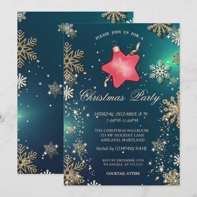 Gold Snowflakes, Christmas Star Ornament Company Invitation (Front/Back)