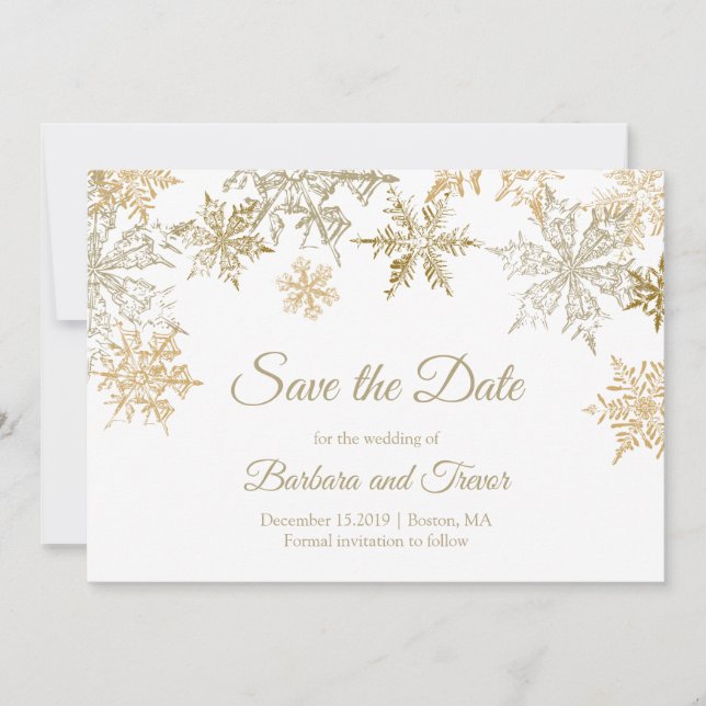 Gold Snowflakes Christmas Theme Winter Wedding Save The Date (Front)