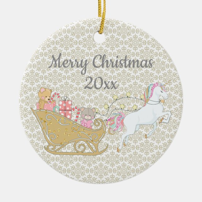 Gold Snowflakes Christmas Unicorn Santa's Sleigh Ceramic Ornament (Front)