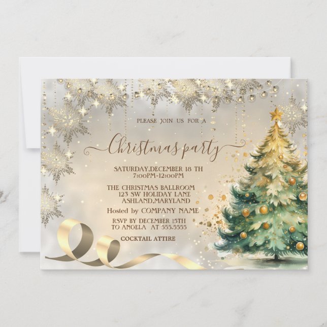 Gold Snowflakes Elegant Pine Tree Company Invitation (Front)