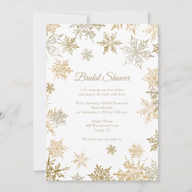 Gold Snowflakes Elegant Winter Bridal Shower Invitation (Front)