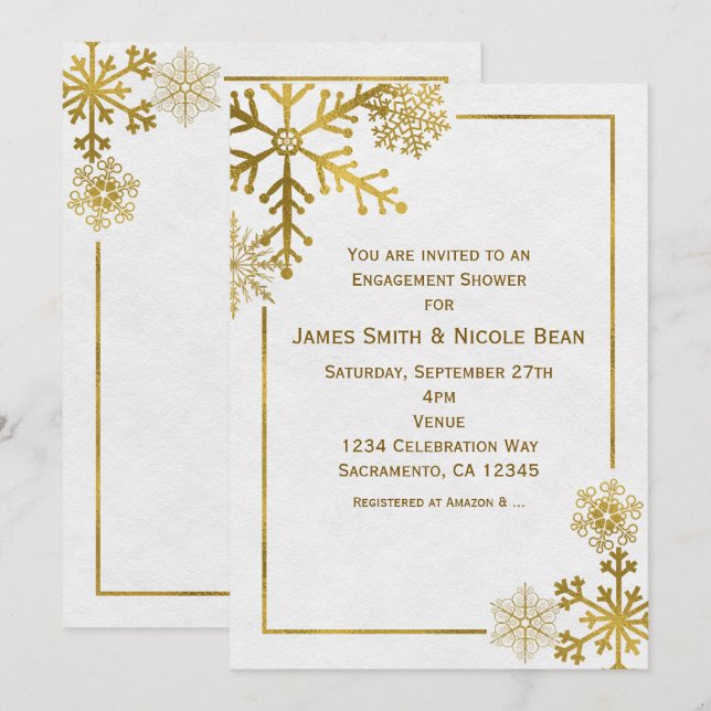 Gold Snowflakes Élégantes Invitations hivernales d (Devant / Derrière)