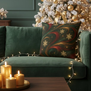 Gold Snowflakes Emerald Red Gold Holiday Throw Pillow