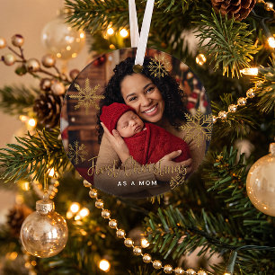 Gold Snowflakes First Christmas as a Mom Photo Glass Ornament