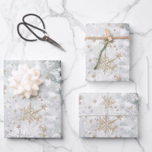 Gold Snowflakes Frozen Lake Ice Wrapping Paper Sheet (Front)