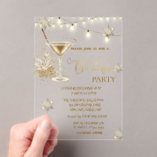 Gold Snowflakes,Glass,Lights Green Christmas  Acrylic Invitations