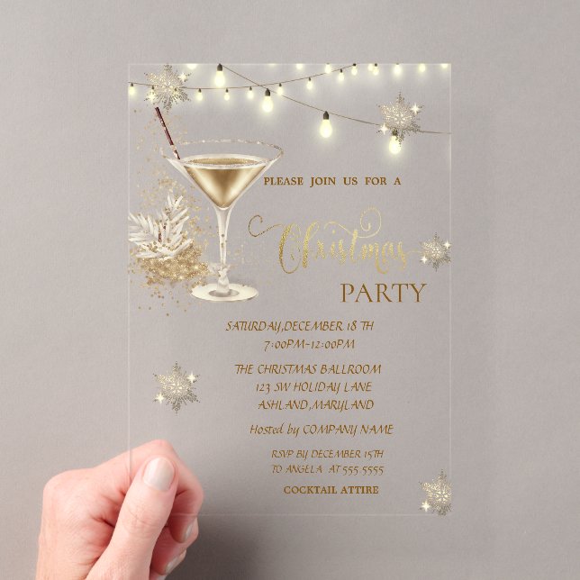 Gold Snowflakes,Glass,Lights Green Christmas  Acrylic Invitations (Insitu (Handheld))
