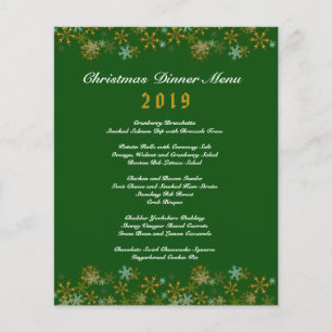 Gold Snowflakes Green Christmas Dinner Menu