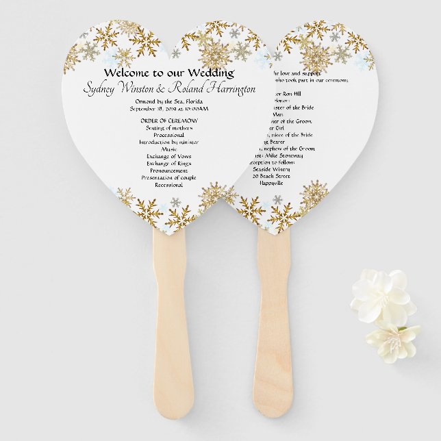 Gold Snowflakes Heart-Shaped Wedding Fan Program (Front and Back)
