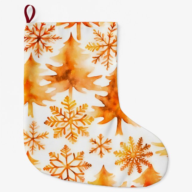 Gold Snowflakes Holiday Trees  Large Christmas Stocking (Front)
