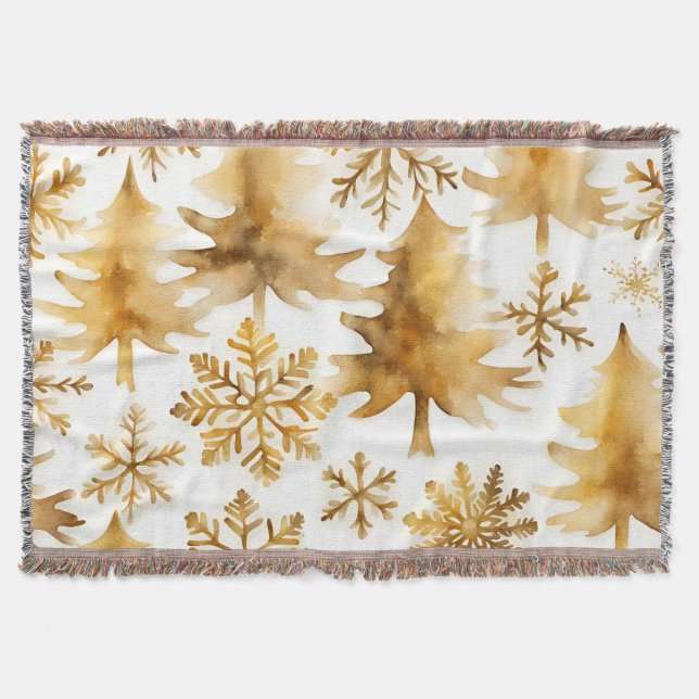 Gold Snowflakes Holiday Trees  Throw Blanket (Front)