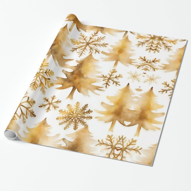 Gold Snowflakes Holiday Trees  Wrapping Paper (Unrolled)