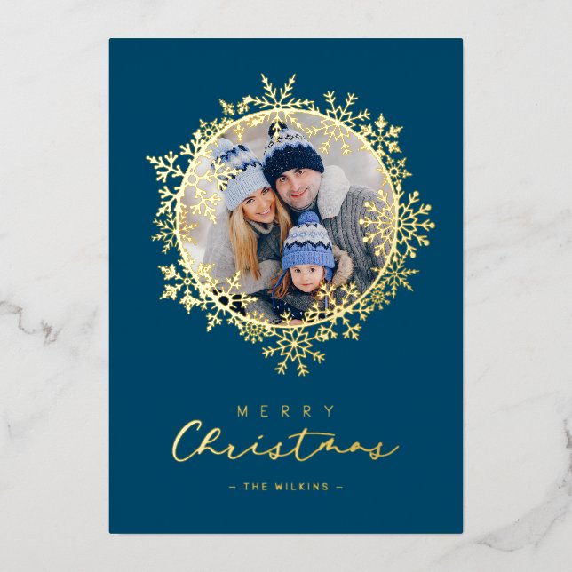 Gold Snowflakes Merry Christmas Round Family Photo Foil Holiday Card (Front)