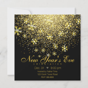 Gold Snowflakes on Black New Year's Eve Party Invitation