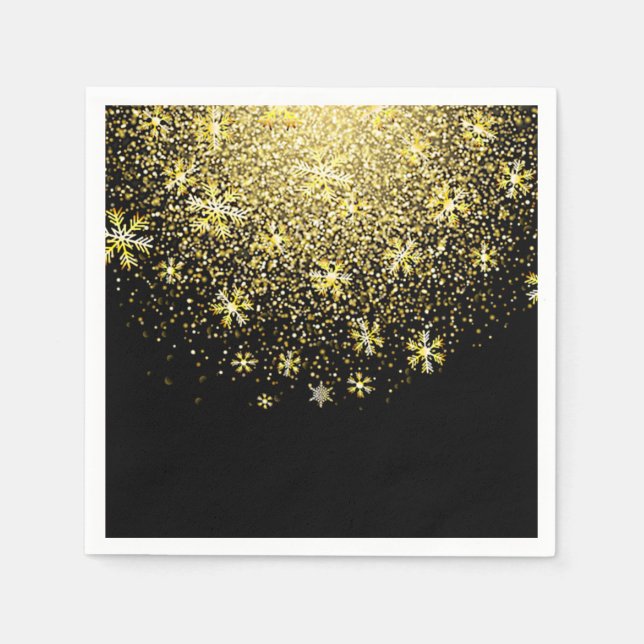 Gold Snowflakes on Black New Year's Eve Party Napkin (Front)