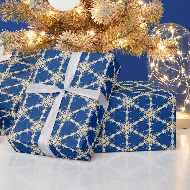Gold Snowflakes On Blue Wrapping Paper (Holidays)