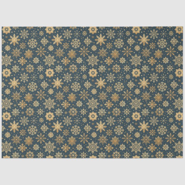 Gold Snowflakes on dark blue Tissue Paper (Front)