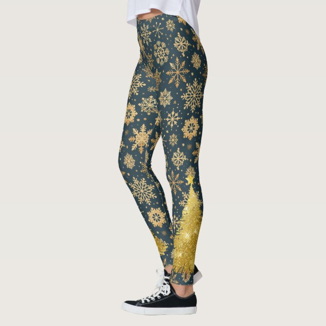 Gold Snowflakes on Dark Blue with Tree Leggings (Left)