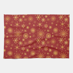 Gold Snowflakes on Dark Red Christmas Kitchen Towel