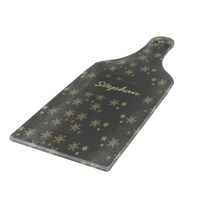 Gold snowflakes on grey cutting board (Corner)