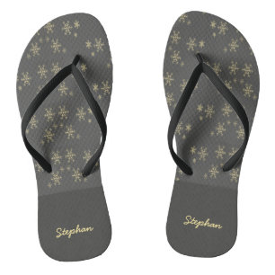 Gold snowflakes on grey flip flops