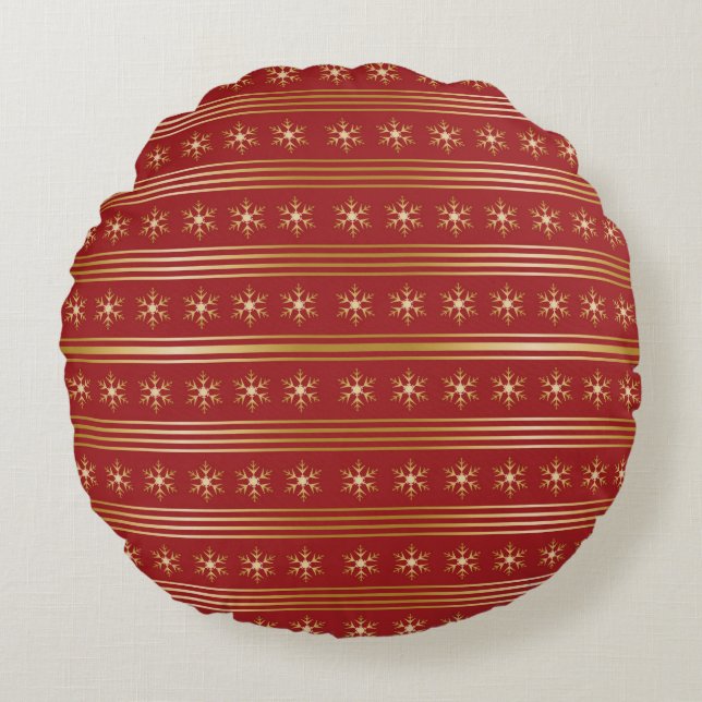 Gold Snowflakes on Red Christmas pattern Round Pillow (Front)