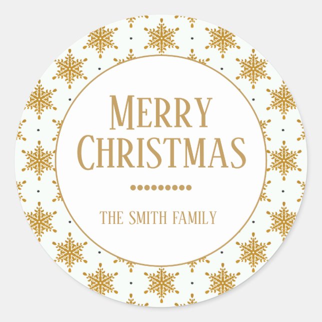 Gold Snowflakes on White Merry Christmas Hearts Classic Round Sticker (Front)