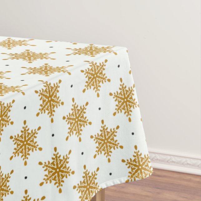Gold Snowflakes on White Winter Tablecloth (In Situ)