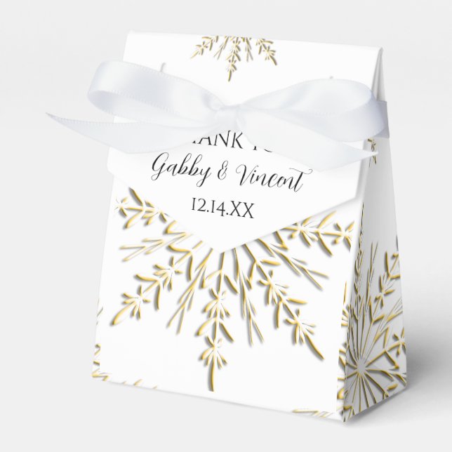 Gold Snowflakes on White Winter Wedding Favor Box (Front Side)