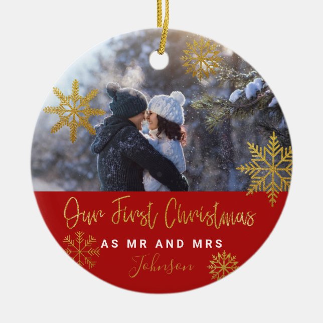 Gold snowflakes photo first Christmas as Mr Mrs Ceramic Ornament (Front)