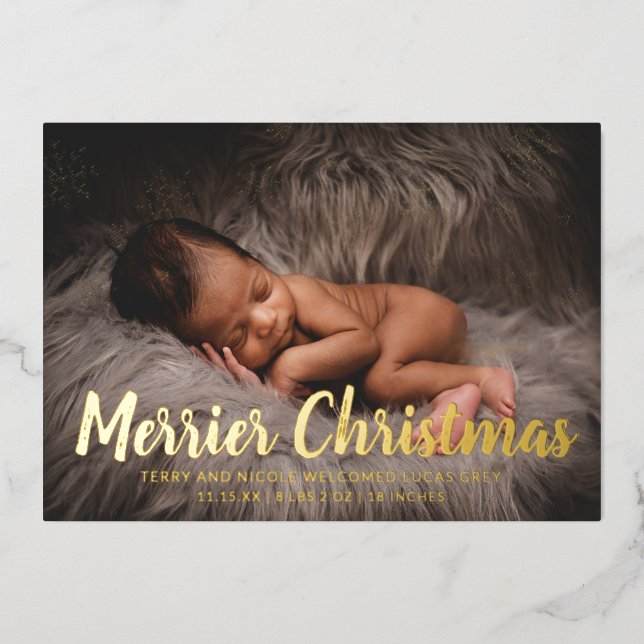 Gold Snowflakes Photo Holiday Birth Announcement (Front)