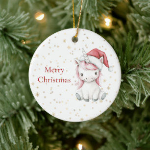 Gold Snowflakes Pink Hair Unicorn Christmas Ceramic Ornament