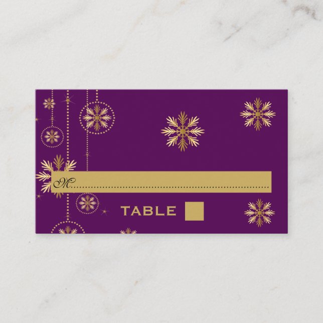 Gold snowflakes purple winter wedding place card (Front)