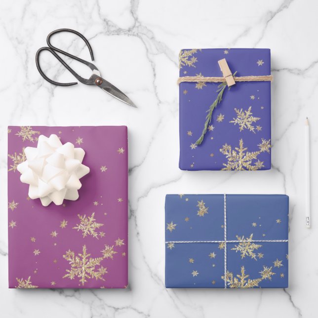 Gold Snowflakes Purple Wrapping Paper Sheet (Front)