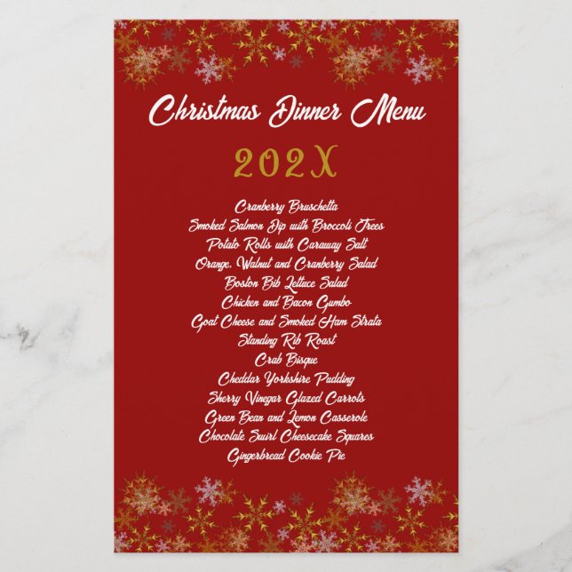 Gold Snowflakes Red Christmas Dinner Menu (Devant)