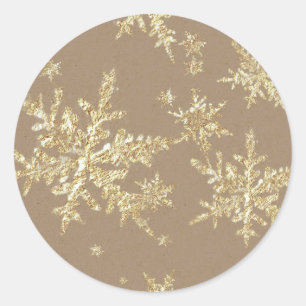 Gold Snowflakes Rustic Kraft Brown Classic Round Sticker