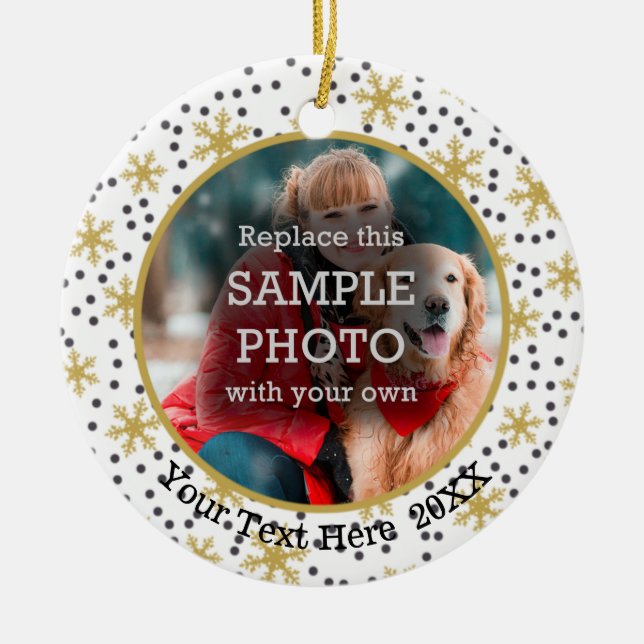 Gold Snowflakes, Two Photo, Two Sided Ceramic Ornament (Front)