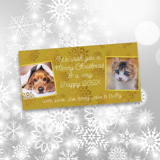 Gold Snowflakes Two Photos Horizontal  Holiday Card (Creator Uploaded)