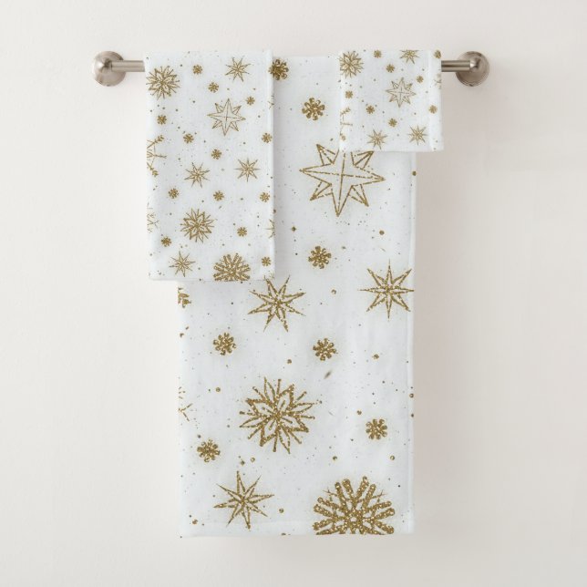 Gold Snowflakes White Design Bath Towel Set (Insitu)