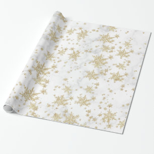 Gold Snowflakes White Marble Wrapping Paper