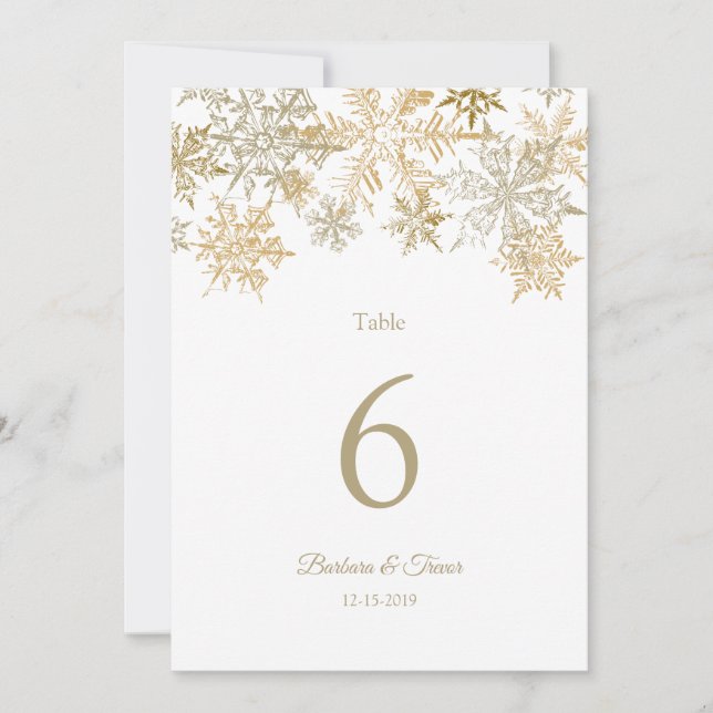 Gold Snowflakes Winter Wedding Table Numbers (Front)